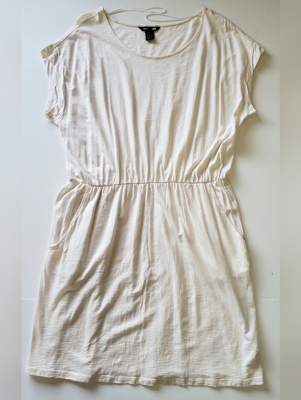 H&M Cream Elastic-Waist Short Sleeve Mini Dress Women's Size L